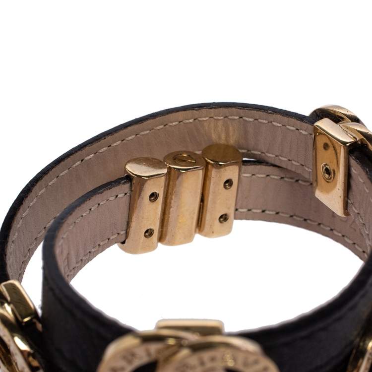 Pre Owned Bvlgari Black Leather Gold Tone Double Coiled Bracelet