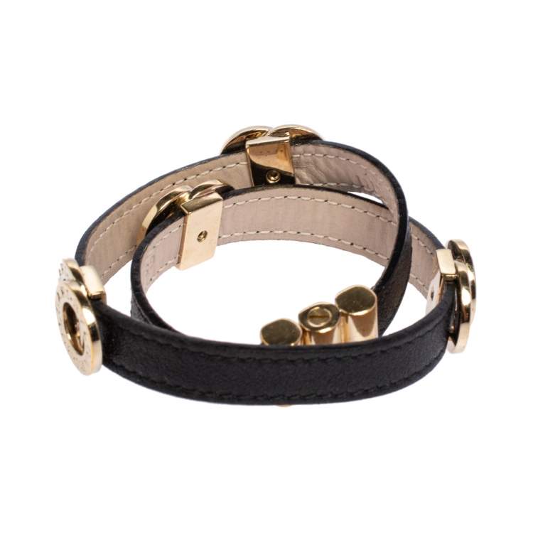 Pre Owned Bvlgari Black Leather Gold Tone Double Coiled Bracelet