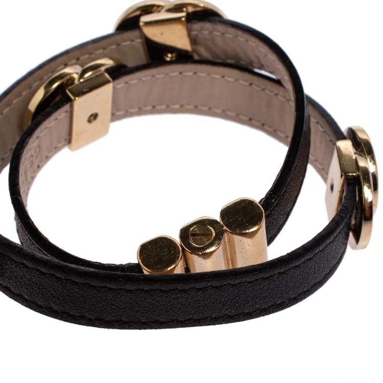 Pre Owned Bvlgari Black Leather Gold Tone Double Coiled Bracelet