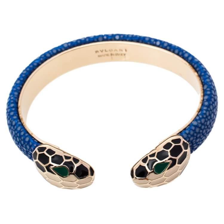 Pre Owned Bvlgari Serpenti Forever Blue Galuchat Leather Open Cuff Bracelet