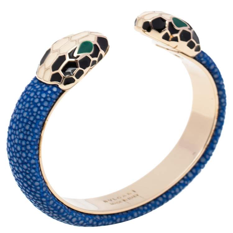 Pre Owned Bvlgari Serpenti Forever Blue Galuchat Leather Open Cuff Bracelet