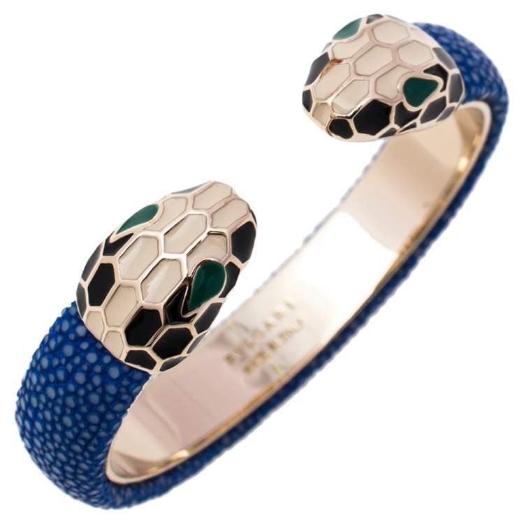 Pre Owned Bvlgari Serpenti Forever Blue Galuchat Leather Open Cuff Bracelet