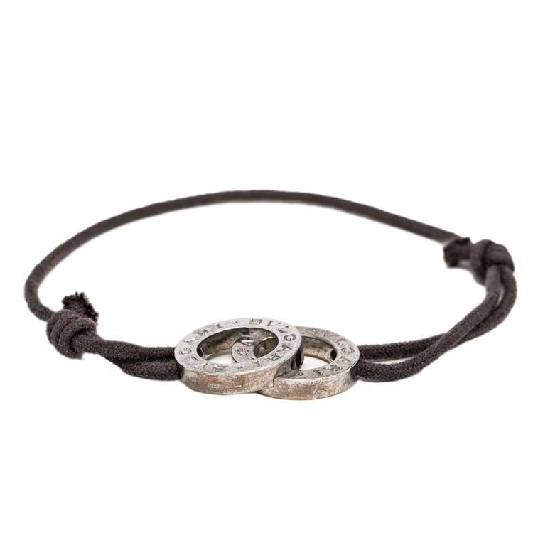 Pre Owned Bvlgari Fortuna Interlocking Circles Silver Brown Cord Bracelet