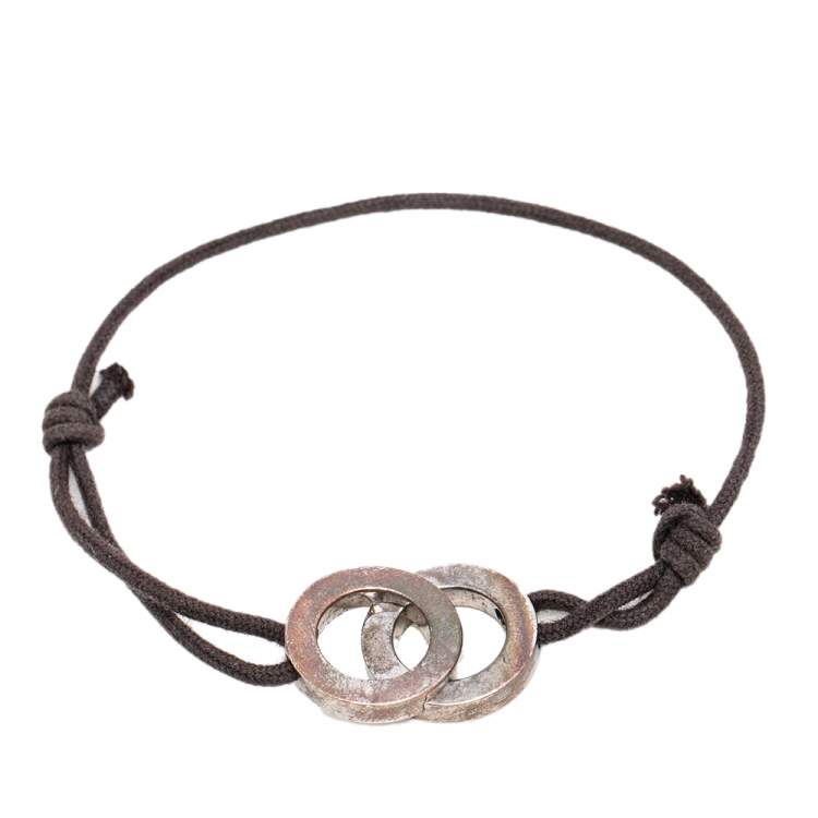Pre Owned Bvlgari Fortuna Interlocking Circles Silver Brown Cord Bracelet
