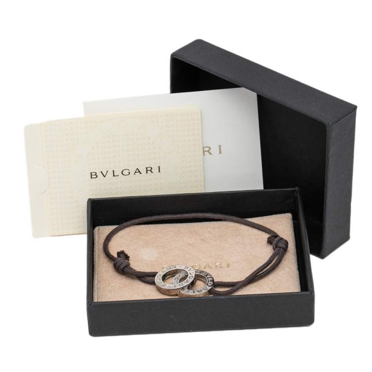 Pre Owned Bvlgari Fortuna Interlocking Circles Silver Brown Cord Bracelet