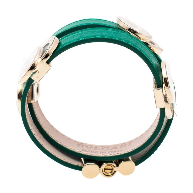 Bvlgari Bvlgari Green Leather Gold Plated Double Coiled Bracelet ...