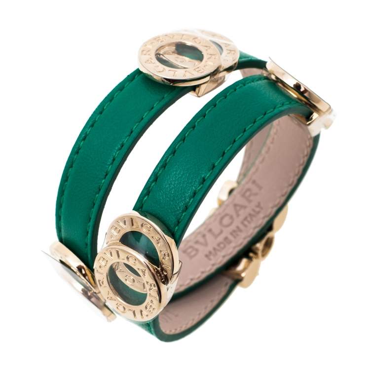 Pre Owned Bvlgari Bvlgari Green Leather Gold Plated Double Coiled Bracelet