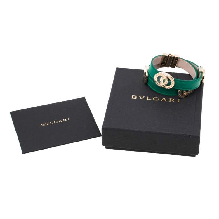 Pre Owned Bvlgari Bvlgari Green Leather Gold Plated Double Coiled Bracelet