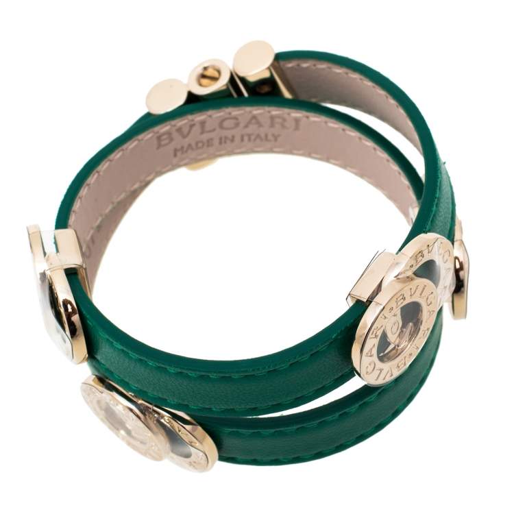 Pre Owned Bvlgari Bvlgari Green Leather Gold Plated Double Coiled Bracelet