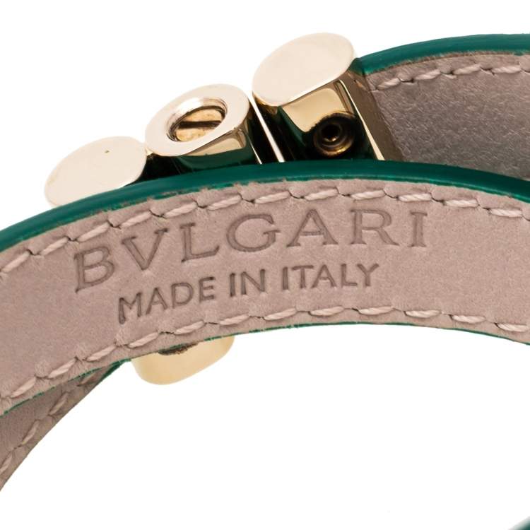Pre Owned Bvlgari Bvlgari Green Leather Gold Plated Double Coiled Bracelet