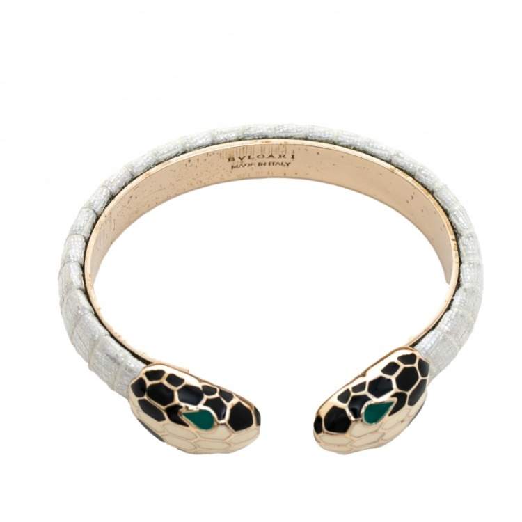Pre Owned Bvlgari Serpenti Forever Metallic Leather Gold Plated Open Cuff Bracelet