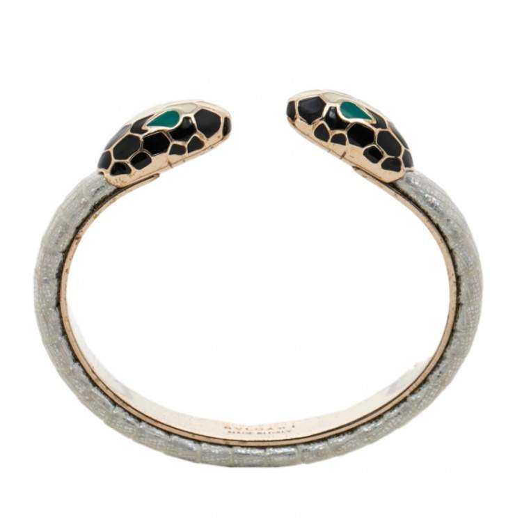 Pre Owned Bvlgari Serpenti Forever Metallic Leather Gold Plated Open Cuff Bracelet