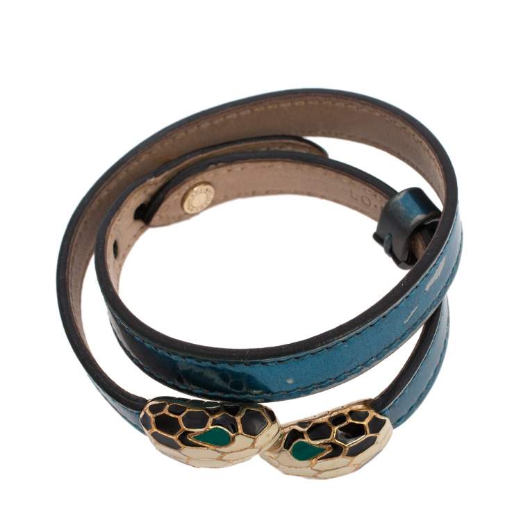 Pre Owned Bvlgari Serpenti Forever Blue Metallic Leather Double Wrap Bracelet