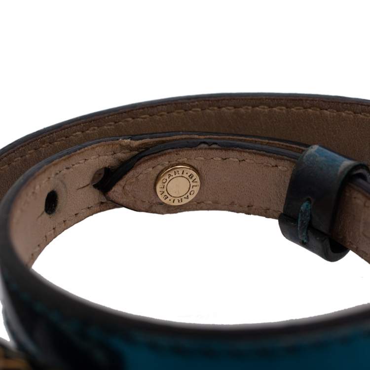 Pre Owned Bvlgari Serpenti Forever Blue Metallic Leather Double Wrap Bracelet