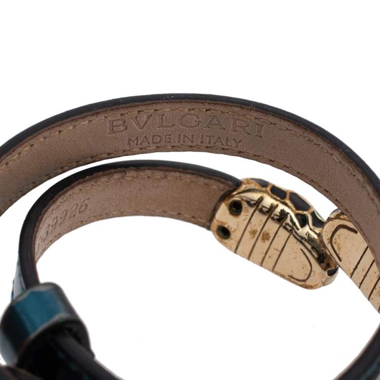 Pre Owned Bvlgari Serpenti Forever Blue Metallic Leather Double Wrap Bracelet