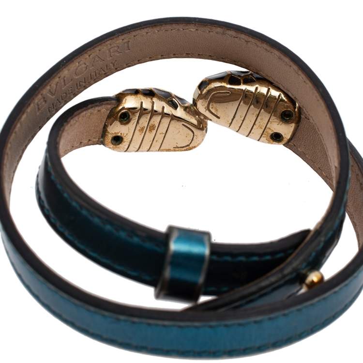Pre Owned Bvlgari Serpenti Forever Blue Metallic Leather Double Wrap Bracelet