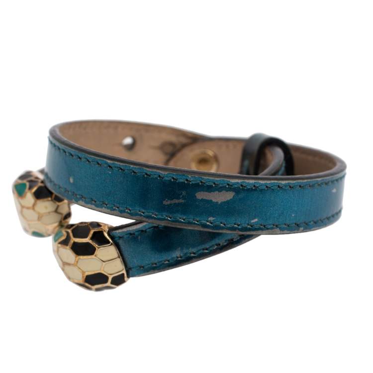 Pre Owned Bvlgari Serpenti Forever Blue Metallic Leather Double Wrap Bracelet