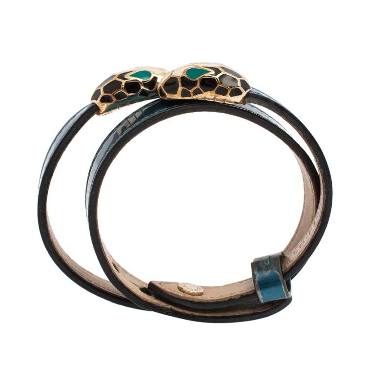 Pre Owned Bvlgari Serpenti Forever Blue Metallic Leather Double Wrap Bracelet