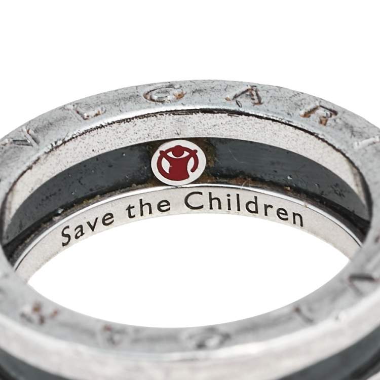 Pre Owned Bvlgari Save the Children 1-Band Black Ceramic Silver Ring Size 55