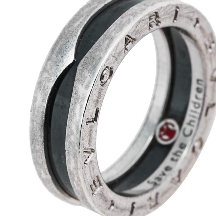 Pre Owned Bvlgari Save the Children 1-Band Black Ceramic Silver Ring Size 55