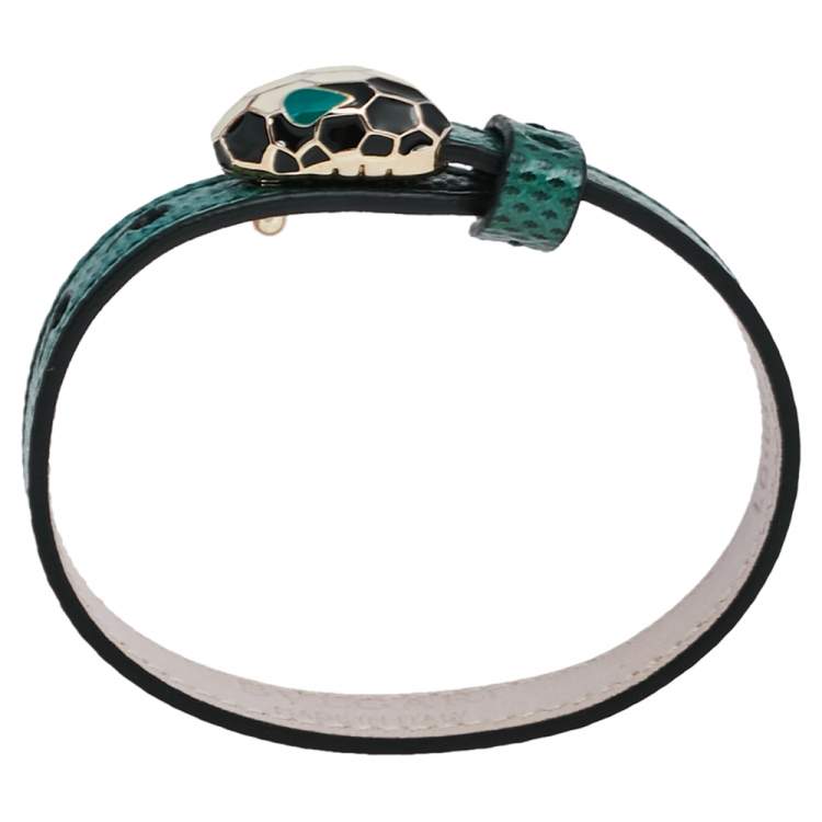 Pre Owned Bvlgari Serpenti Forever Green Karung Leather Wrap Bracelet