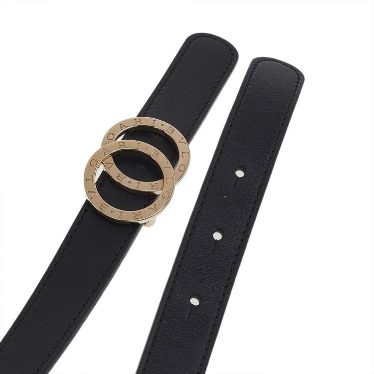 Pre Owned Bvlgari Black Leather Double Ring Buckle Slim Belt 80 CM