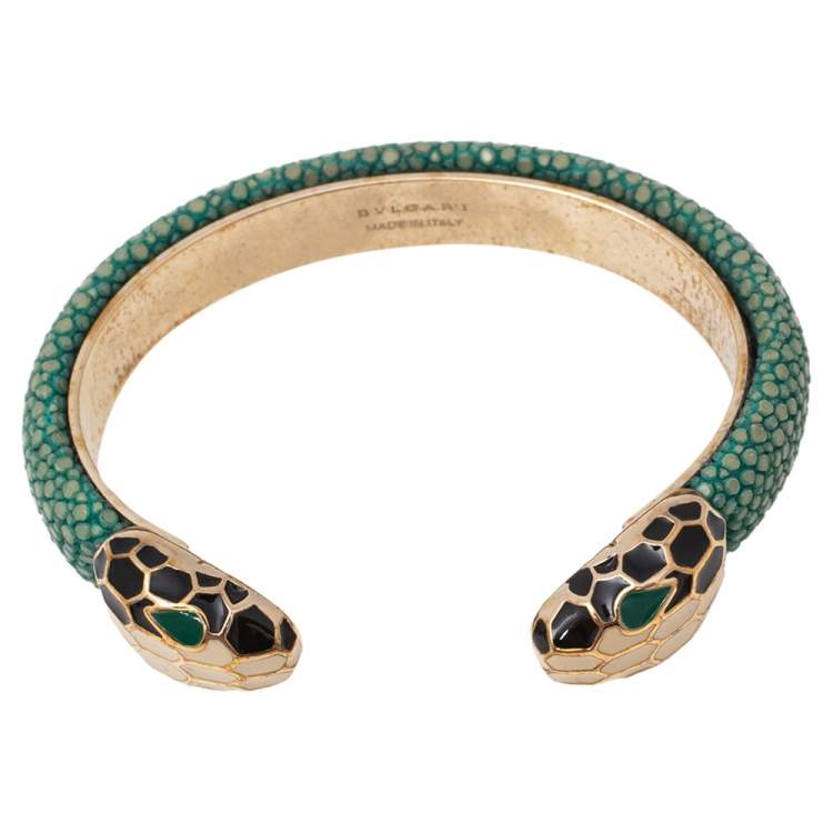 Pre Owned Bvlgari Serpenti Forever Green Galuchat Leather Open Cuff Bracelet