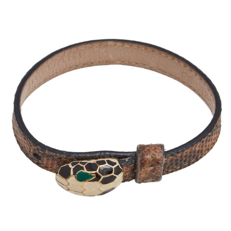 Pre Owned Bvlgari Serpenti Forever Brown Karung Leather Wrap Bracelet