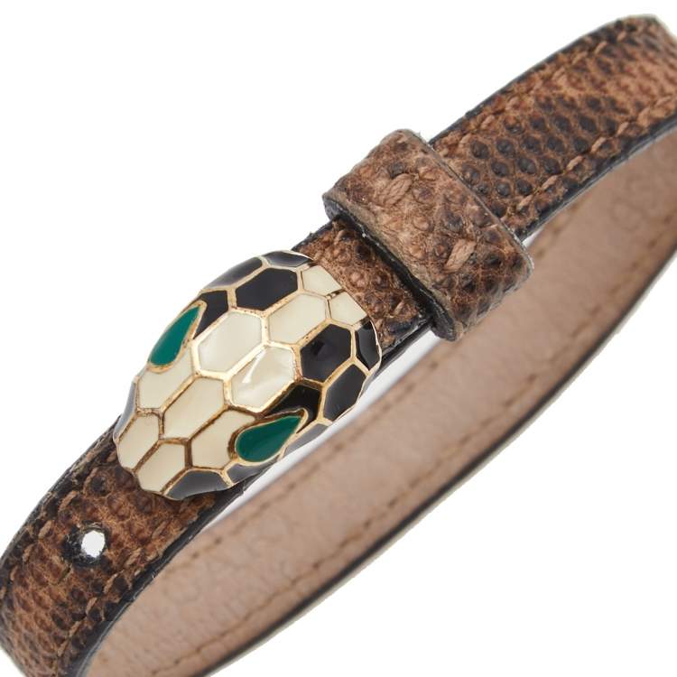 Pre Owned Bvlgari Serpenti Forever Brown Karung Leather Wrap Bracelet
