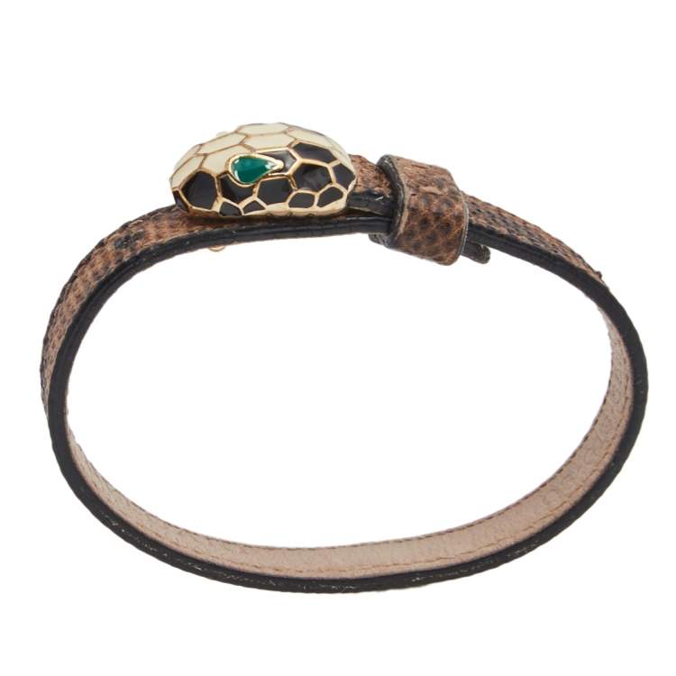 Pre Owned Bvlgari Serpenti Forever Brown Karung Leather Wrap Bracelet