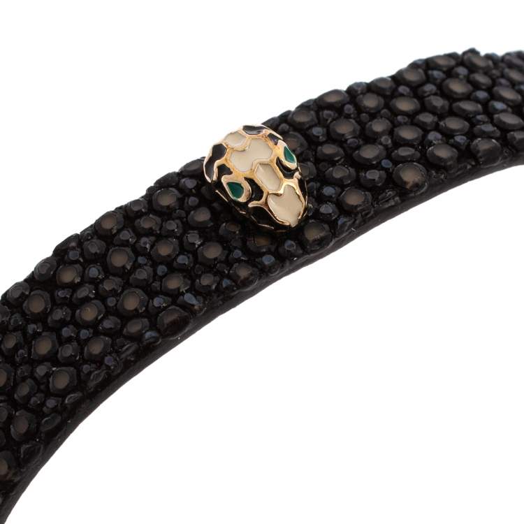 Pre Owned Bvlgari Serpenti Forever Black Galuchat Leather Studded Wrap Bracelet