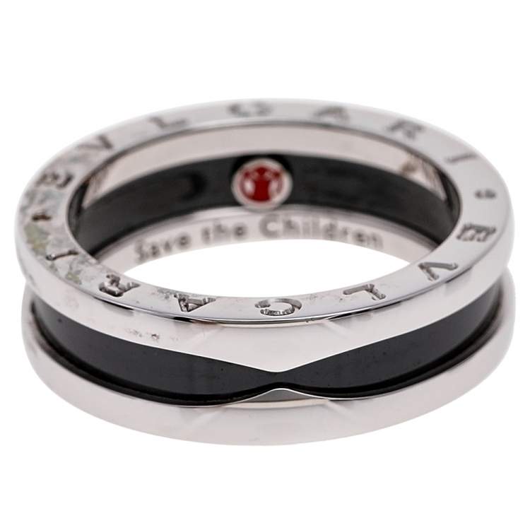 Pre Owned Bvlgari Save the Children 1-Band Black Ceramic Silver Ring Size 58