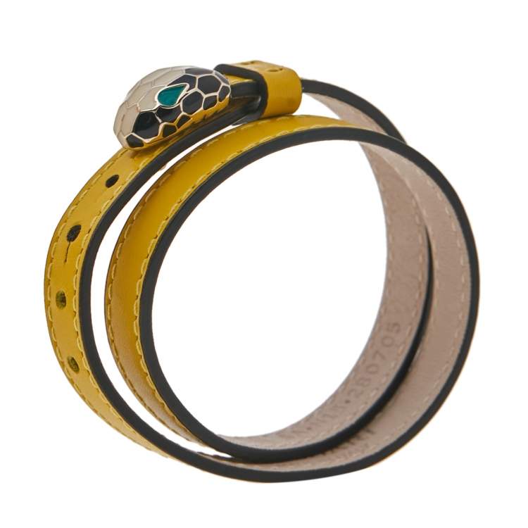 Pre Owned Bvlgari Serpenti Forever Yellow Leather Double Coil Bracelet