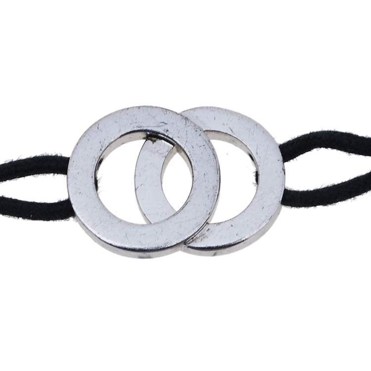 Pre Owned Bvlgari Interlocking Circles Sterling Silver Black Cord Bracelet