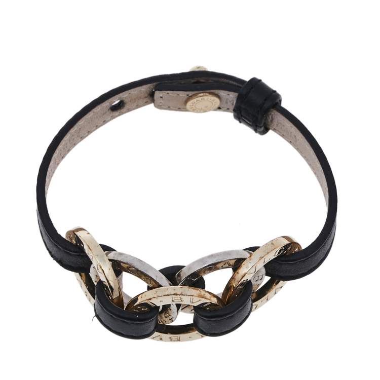 Pre Owned Bvlgari Black Leather Two Tone Interlocking Circles Wrap Bracelet