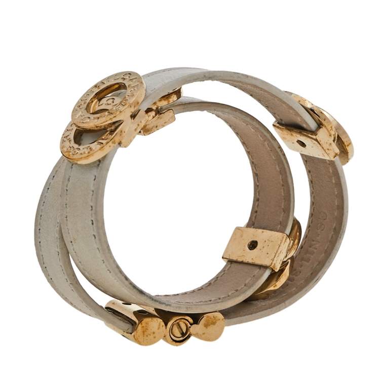 Pre Owned Bvlgari White Leather Interlocking Circles Double Wrap Bracelet