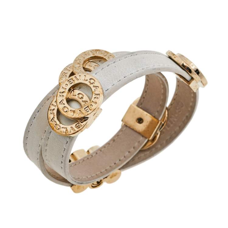 Pre Owned Bvlgari White Leather Interlocking Circles Double Wrap Bracelet