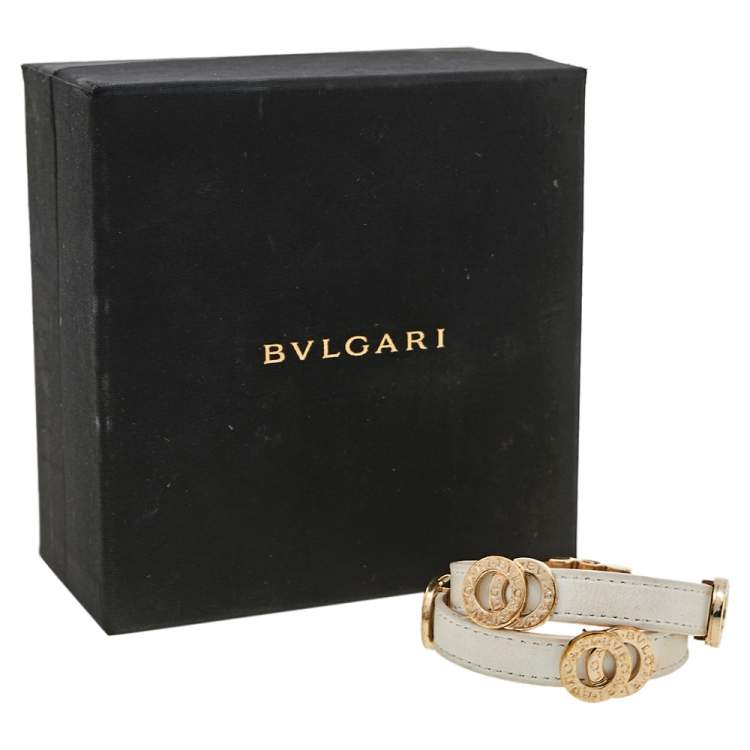 Pre Owned Bvlgari White Leather Interlocking Circles Double Wrap Bracelet