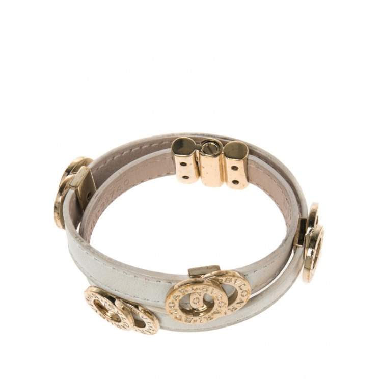 Pre Owned Bvlgari White Leather Interlocking Circles Double Wrap Bracelet