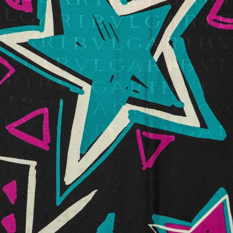 Pre Owned Bvlgari Black Logo Jacquard Star Printed Silk & Wool Scarf