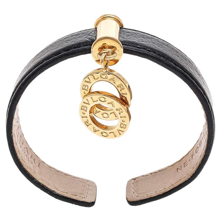 Pre Owned Bvlgari Black Leather Interlocking Circles Charm Open Cuff Bracelet