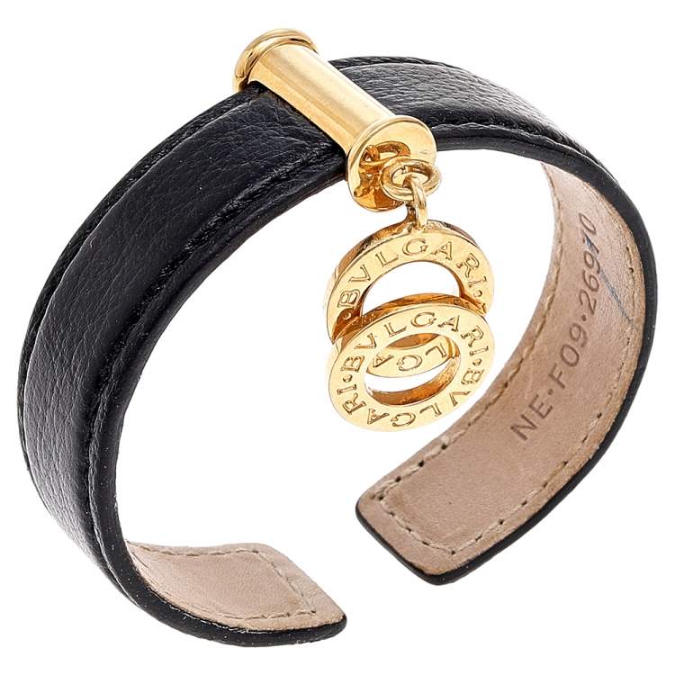 Pre Owned Bvlgari Black Leather Interlocking Circles Charm Open Cuff Bracelet