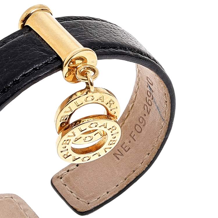 Pre Owned Bvlgari Black Leather Interlocking Circles Charm Open Cuff Bracelet