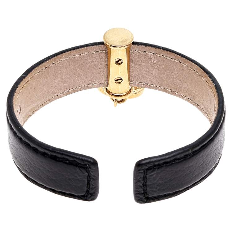 Pre Owned Bvlgari Black Leather Interlocking Circles Charm Open Cuff Bracelet