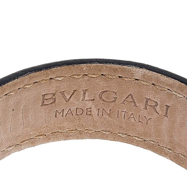Pre Owned Bvlgari Black Leather Interlocking Circles Charm Open Cuff Bracelet