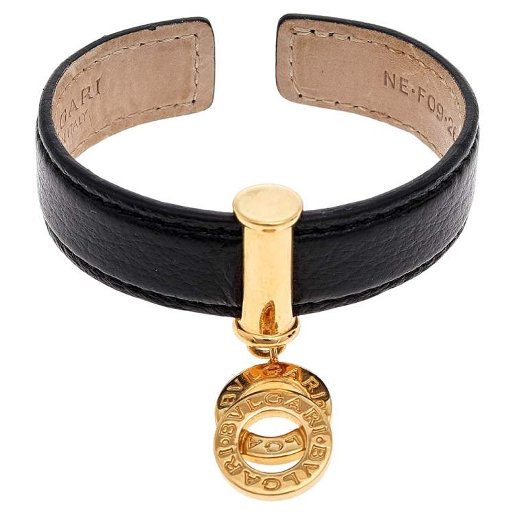 Pre Owned Bvlgari Black Leather Interlocking Circles Charm Open Cuff Bracelet
