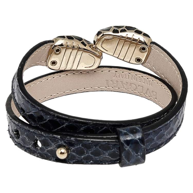 Pre Owned Bvlgari Serpenti Forever Navy Blue Python Leather Double Coiled Bracelet
