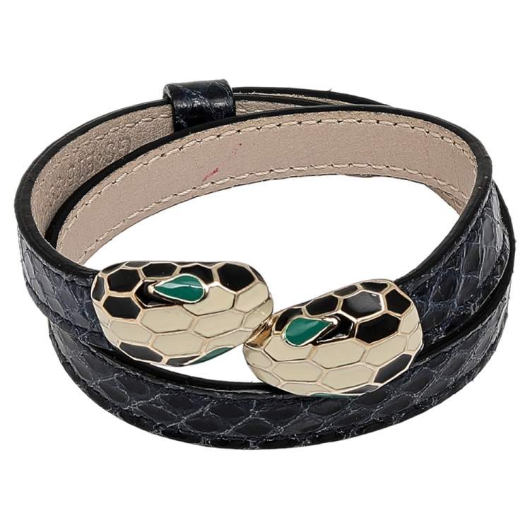 Pre Owned Bvlgari Serpenti Forever Navy Blue Python Leather Double Coiled Bracelet