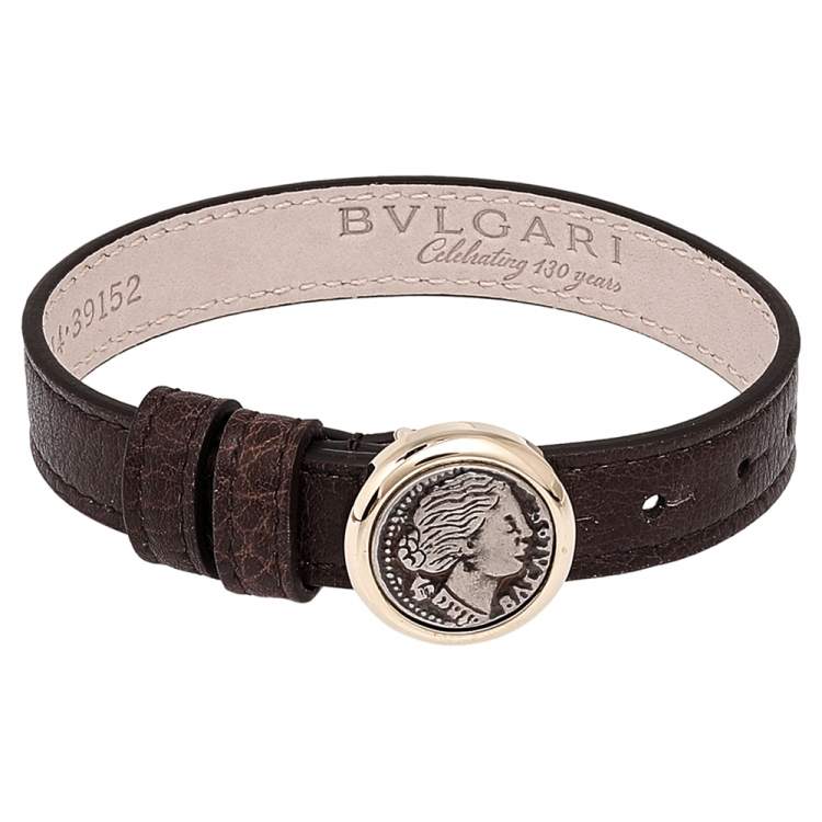Pre Owned Bvlgari  Brown Leather Two Tone Monete Coin Wrap Bracelet