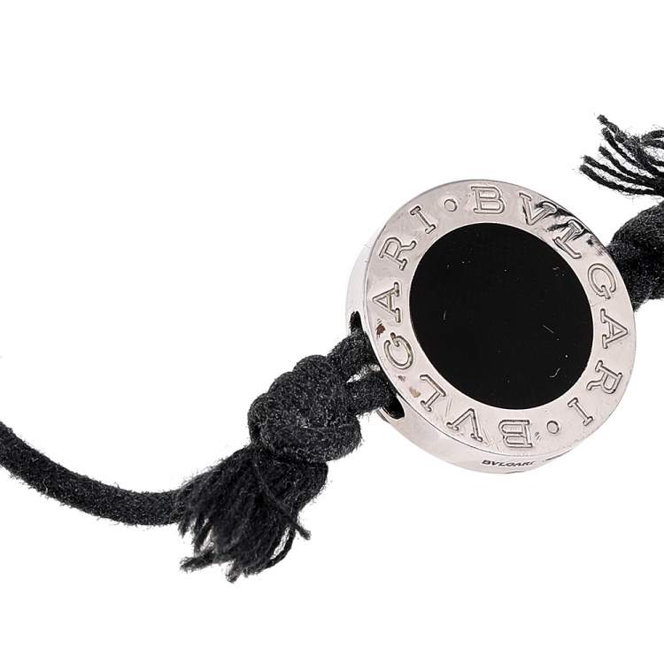 Pre Owned Bvlgari Logo Black Enamel Silver Adjustable Cord Bracelet